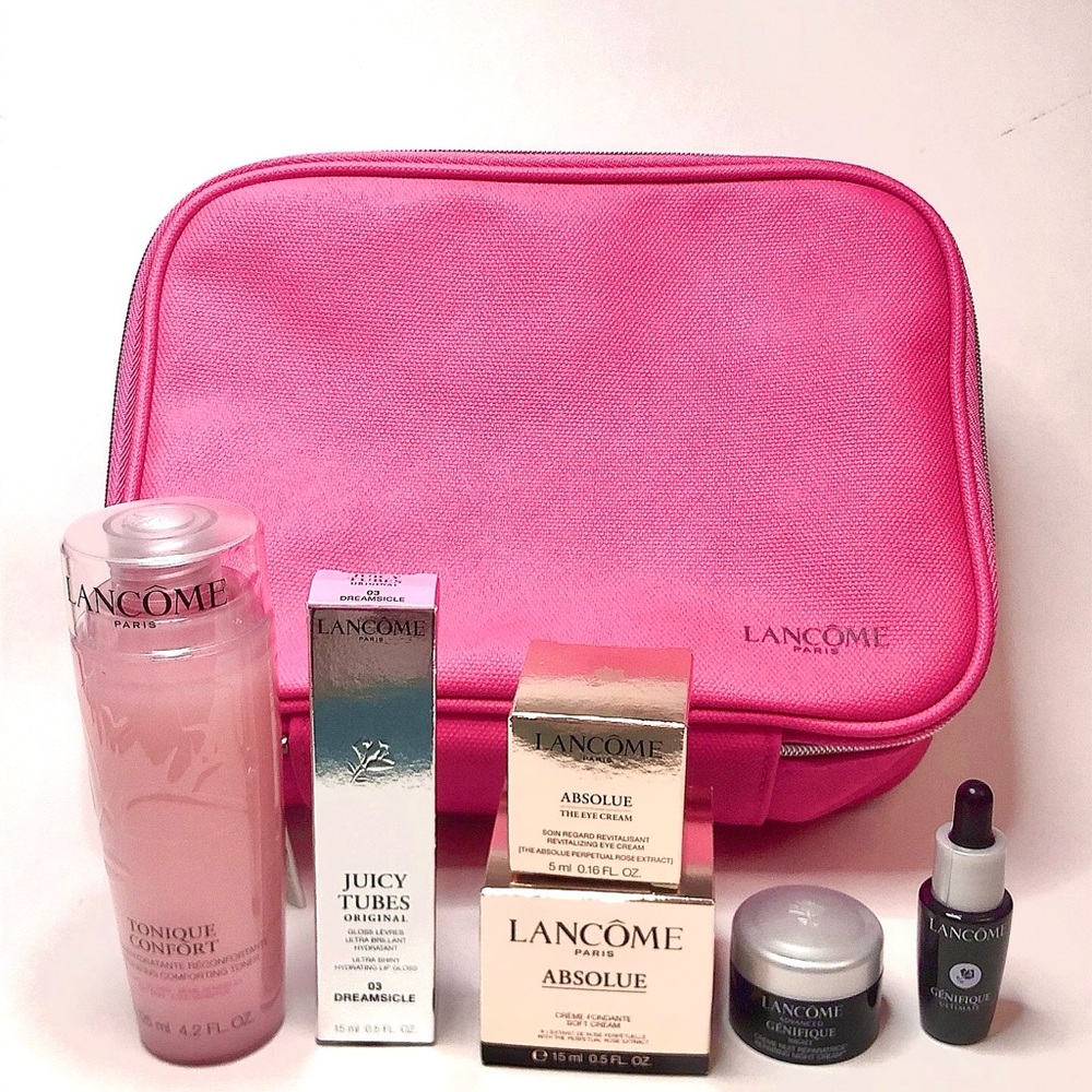 New Lancome 7-Piece Absolue Genifique Skincare Makeup Set Pink Bag